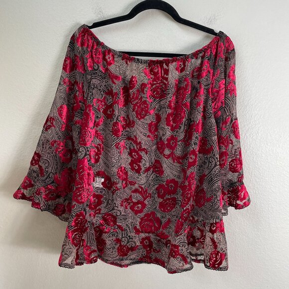 Democracy Womens Plus 1X Off The Shoulder Sheer Crushed Velvet Floral Top Shirt - Picture 13 of 14